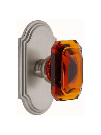 Grandeur Arc Rosette Door Set with Amber Crystal-Glass Baguette Knobs in Satin Nickel.